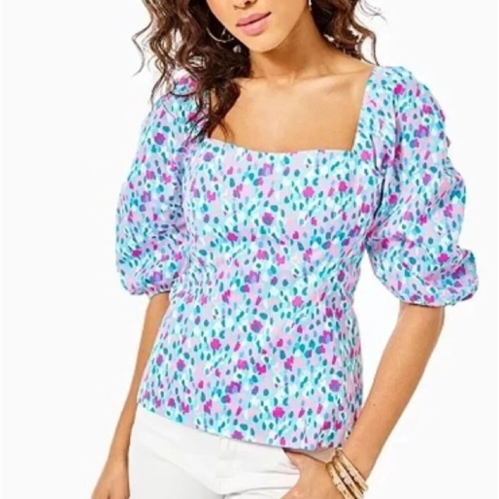 Lilly Pulitzer Blue Pink Hottie Dottie Bitsy Top Womens Size 00